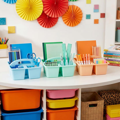 Kathfly 4 Pack Caddy Organizer with Handle, Stackable Organization Storage, Small Plastic Basket Classroom Caddy for Table Desk Office Pencil Kids Room Craft Art Teacher School Supplies (Blue Orange)