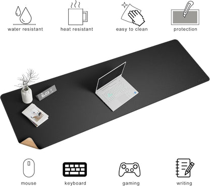 Chihein 2XL 35" x 16" Cork & PU Leather Desk Mat, Dual Sided Desk Pad Protector, Waterproof Writing Blotter for Gaming, Office, Home (Black)
