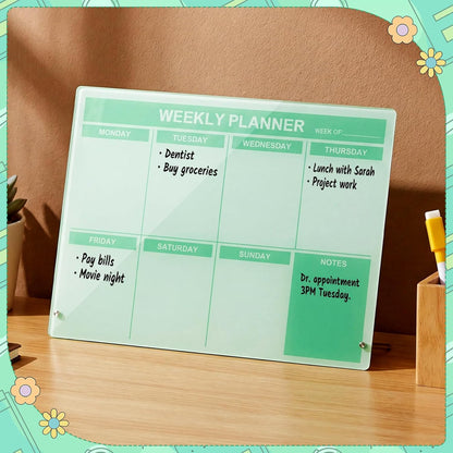 Desktop Acrylic Weekly Planner Board Acrylic Calendar Dry Erase Board with Stand to Do List Planner Boards with Daily Schedule and Markers for Family Home Office(Sage Green)