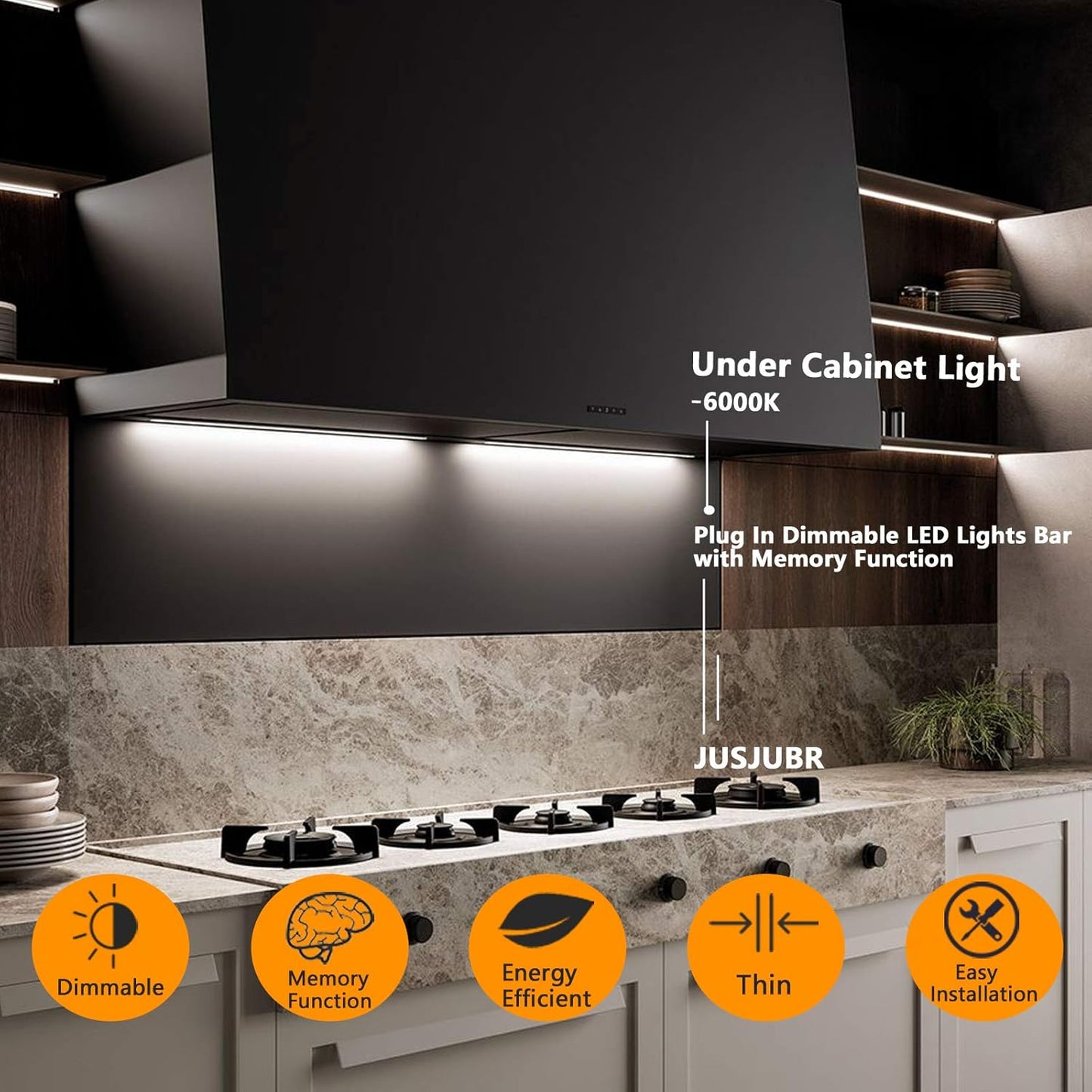 JUSJUBR 12-Inch Slim LED Under Cabinet Light with Memory Function, Warm White 3000K Dimmable USB Light Bar for Rooms