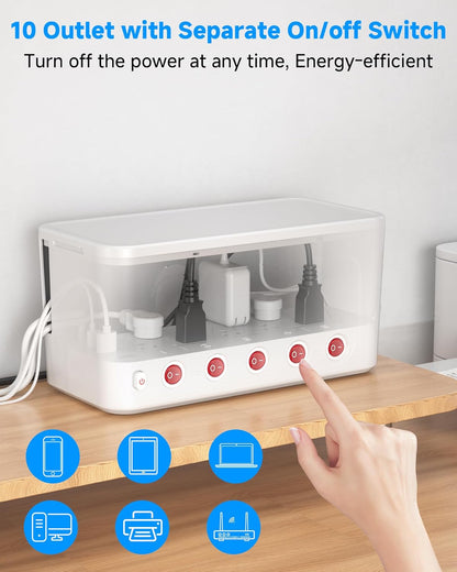Power Strip with Cable Management Box,Surge Protector 10 AC and 3 USB Ports,6 ft Flat Plug Extension Cord,Outlet Hider Fast Charging Station,Desk Cord Organizer Box and Cover,Hidden Long Wire,Black