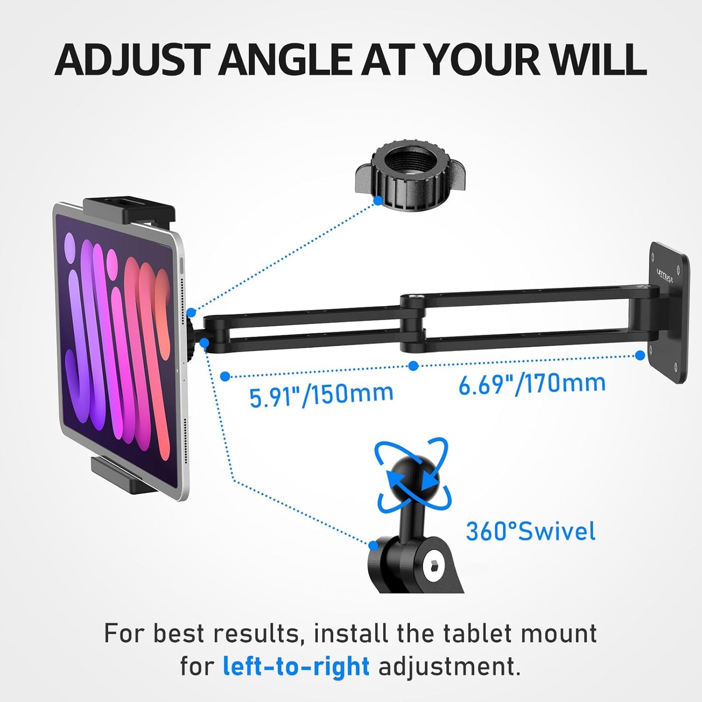 Urmust Tablet Stand for Desk, Adjustable iPad Holder for Bed, 360° Rotation, Sturdy Aluminum Tablet Arm Mount for 4.7"-15.6" iPad Pro/Air/Mini, iPhone, Galaxy Tab, for Kitchen, Work, Video Call