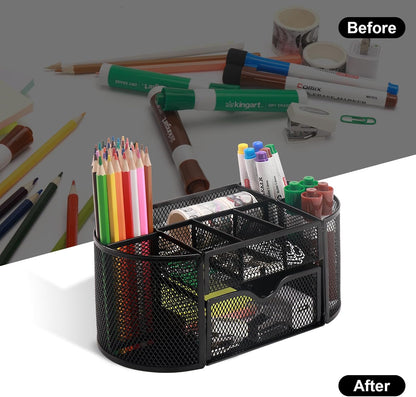 Comix Mesh Pen Pencil Holder Desk Organizer, 3 Compartment Wire Desktop Pen Pencil Cup Caddy Office Supplies Accessories for Home Office School, Black(2 Pack)