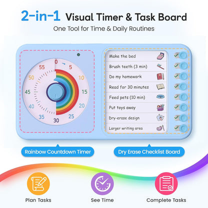 2-in-1 Visual Timer with Task Board for ADHD & Autism, Dry Erase Chore Chart and Visual Schedule for Kids & Adults, Rainbow Countdown Timer for Classroom, Home, Homeschool (White)