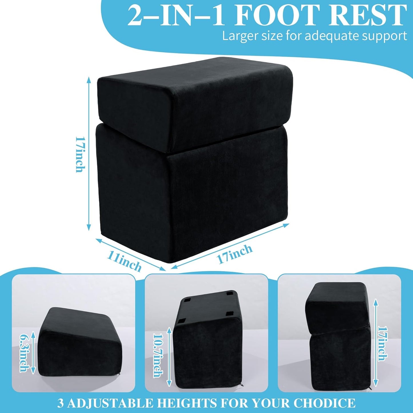 ROYALAY Adjustable Foot Rest Under Desk for Office, High-Density Foam Foot Rest with 3 Adjustable Heights, Ergonomic Footrest with Washable Cover for Home, Airplane, Travel(17 * 11 * 17in, Gray)
