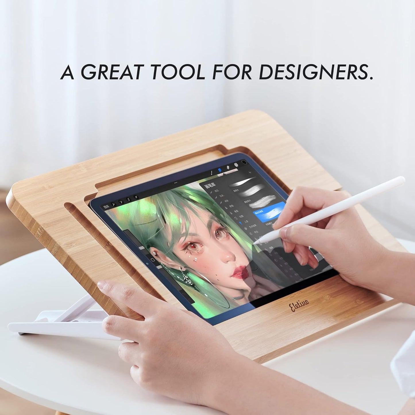 ELETIUO Adjustable Tablet Stand with Pencil&Charger Cable Slot,Bamboo Wooden Stand with Multiple Angles,Organizer Desktop Holder for Drawing,Compatible with ipads(Support to 9.7-11" Devices)