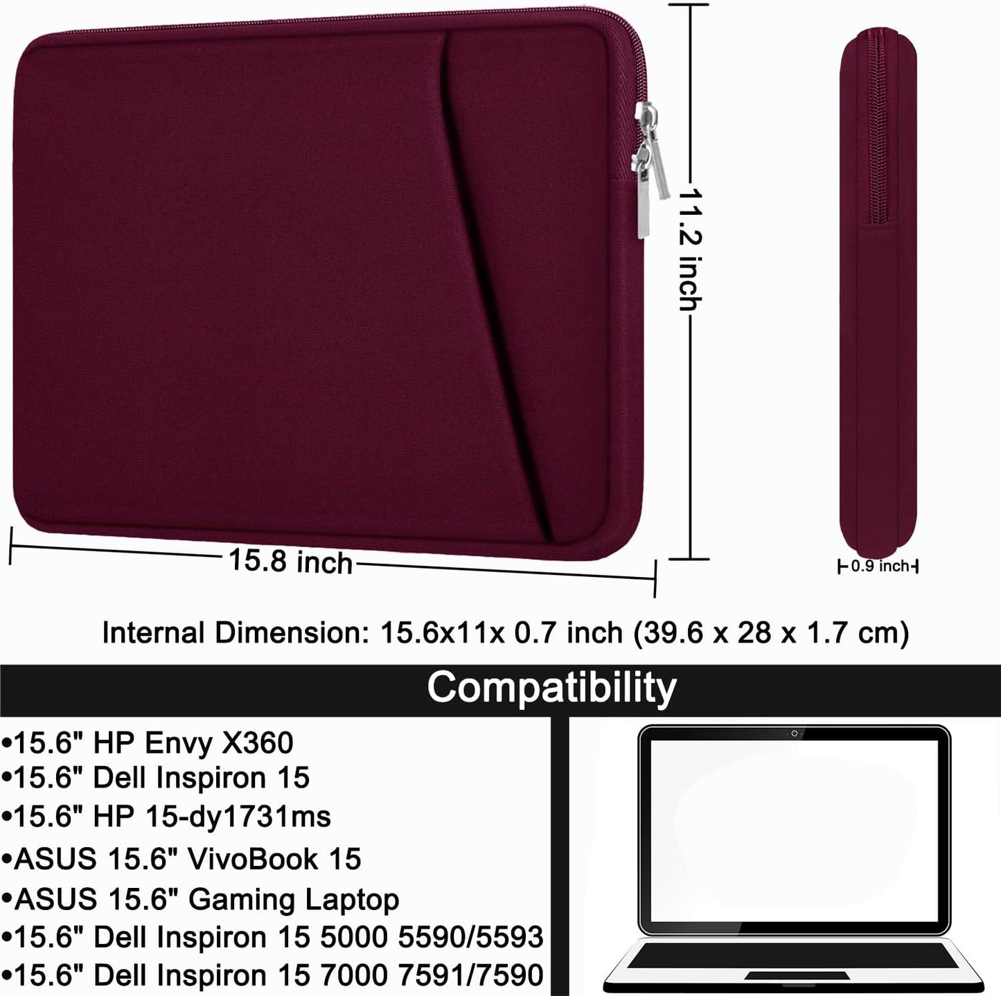 Laptop Sleeve, Durable Briefcase Shockproof Protective Case, Handbags Portable Laptop Bag for 15.6 inch HP Dell Asus Lenovo Notebook Computer with Front Pocket, Black