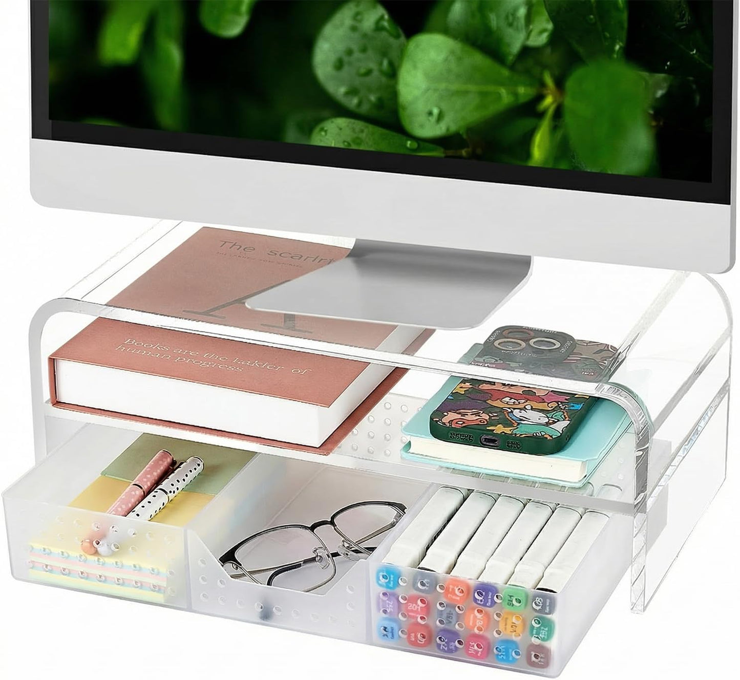 OPNICE Wood Desk Organizers and Accessories, 2-Tier Computer Monitor Stand Riser with Drawer and 2 Pen Holders, Laptop Stand, Office Desk Accessories for Office Supplies, Brown