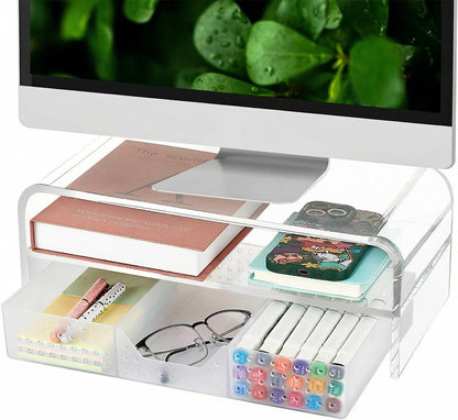 OPNICE Wood Desk Organizers and Accessories, 2-Tier Computer Monitor Stand Riser with Drawer and 2 Pen Holders, Laptop Stand, Office Desk Accessories for Office Supplies, Brown