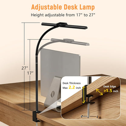 LED Desk Lamp for Home Office, Flexible Gooseneck Desk Lamp with Clamp, 5 Color Touch Control Stepless Dimming Adjustable Eye-Caring Desk Light with Adapter for Reading, Drafting, Study, Workbench