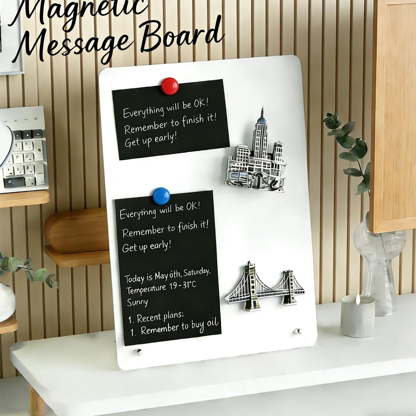 2 Pcs Magnetic Board, Black Magnet Message Board, 11"x7.8"Metal Magnetic Bulletin Board with 50pcs Memo Sheets and 8pcs Magnets, Magnet Display for Home, School, Kitchen, Office(Square,White)