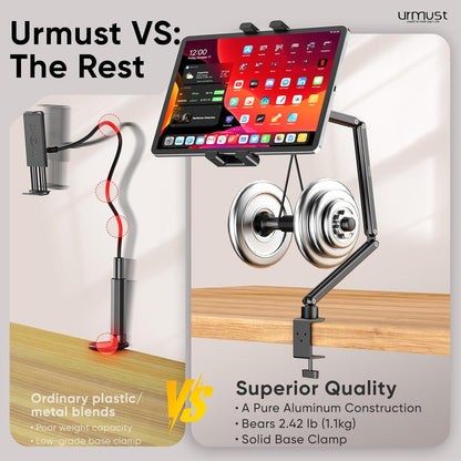 Urmust Tablet Stand for Desk, Adjustable iPad Holder for Bed, 360° Rotation, Sturdy Aluminum Tablet Arm Mount for 4.7"-15.6" iPad Pro/Air/Mini, iPhone, Galaxy Tab, for Kitchen, Work, Video Call