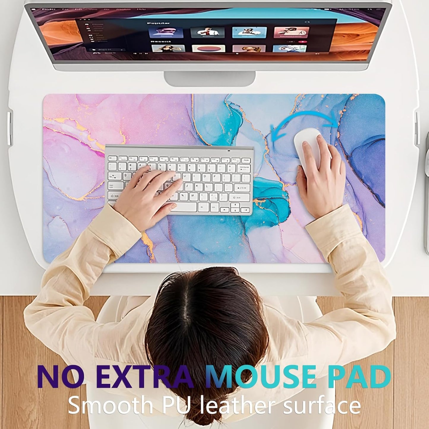 Dual-Sided Desk Pad, Large Mouse Pad - Natural Cork & PU Leather Non-Slip Waterproof Desk Mats for Office and Home (Blue, 31.5" x 15.7")