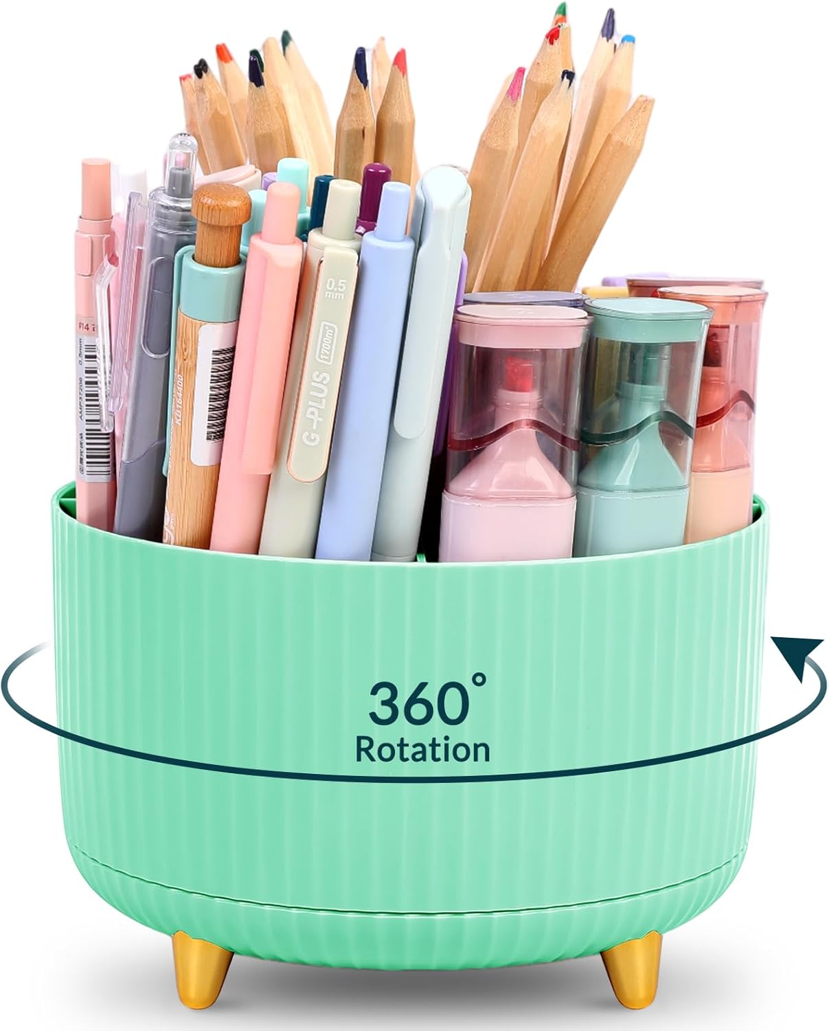 KONVINIT Pencil Pen Holder for Desk, 5 Slots 360 - Degree Rotating Desktop Organizer, Cute Desk Organizers and Accessories for School, Home, Office and Art Supply, Black