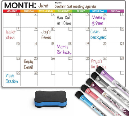 Magnetic Whiteboard for Fridge - Large Dry Erase Calendar for Wall | 2 Magnetic Dry Erase Board 10.5" x 16.5" & 7" x 16.5", Monthly Goal Setting & Habit Tracker, 5 Markers and 6 Adhesive Hooks