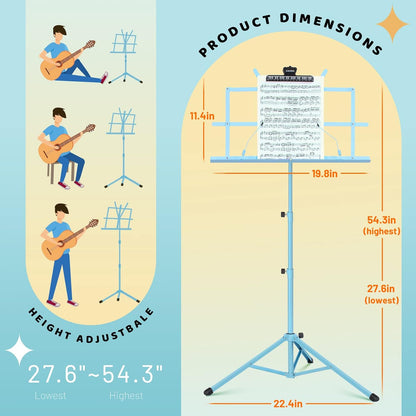 CAHAYA Portable Sheet Music Stand: Dual Use Desktop Book Holder Folding Lightweight Extra Stable Reinforced with Carrying Bag and Clip for Students Musicians Height Adjustable up to 54.3" CMS0204