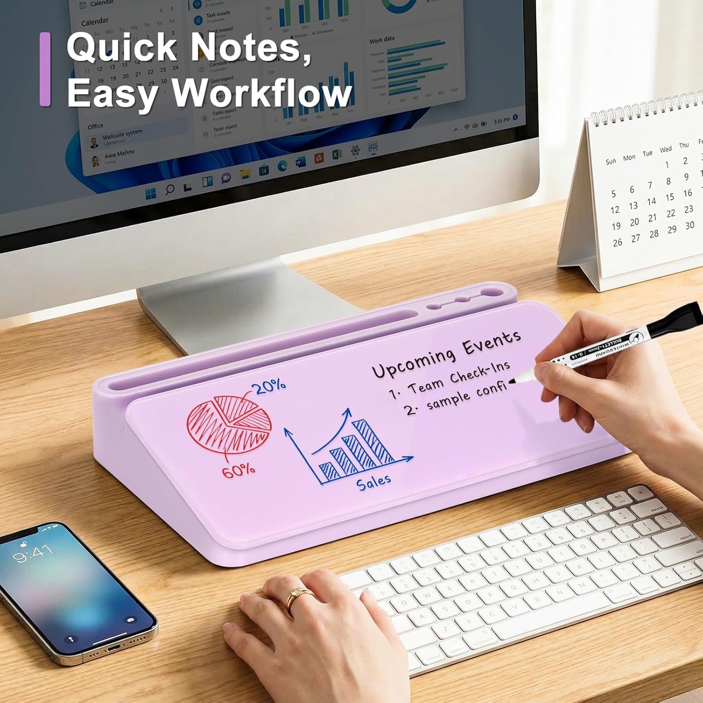 WALGLASS Small Desktop Whiteboard with Storage, Glass Desk Dry Erase White Board Computer Keyboard Stand with Drawer, Desk Organizers with Accessories for Office, Home, School Supplies White