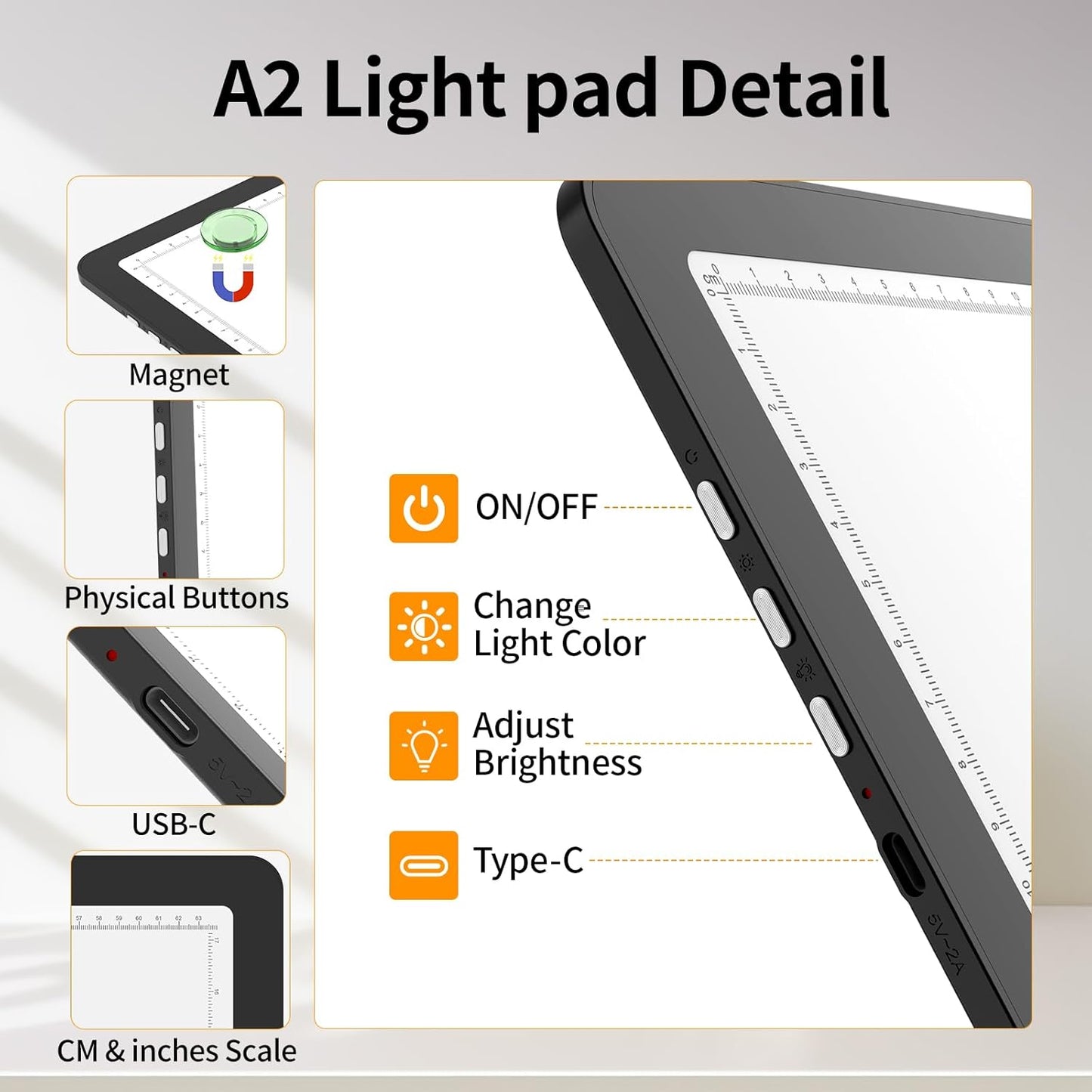 TOHETO Rechargeable A4 Light Board with Stand, Super Bright Magnetic Light Pad with Side Buttons, Wireless Light Box for Tracing and Drawing, Cordless LED Light Table for Diamond Painting, Sketching