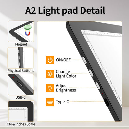 TOHETO Rechargeable A4 Light Board with Stand, Super Bright Magnetic Light Pad with Side Buttons, Wireless Light Box for Tracing and Drawing, Cordless LED Light Table for Diamond Painting, Sketching