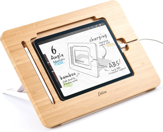 ELETIUO Adjustable Tablet Stand with Pencil&Charger Cable Slot,Bamboo Wooden Stand with Multiple Angles,Organizer Desktop Holder for Drawing,Compatible with ipads(Support to 9.7-11" Devices)