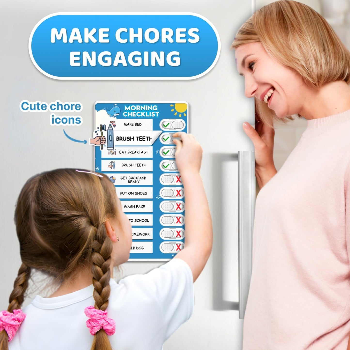 Upgraded Slider Dry Erase Chore Chart for Kids, Whiteboard Magnetic Chore Chart for 2 Kids, Reusable Morning/Bedtime Routine Chart for Kid Toddlers Teens Adult, Visual Schedule for Kid with Autism
