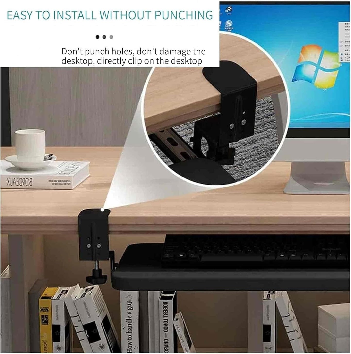 Under Desk Tray No Drill, Slide Out Keyboard Tray Under Desk, Keyboard Slide ut Tray, Clip on Keyboard Tray Under Desk, No Need to Punch Holes, Mouse Tray(Black,52 * 25cm)