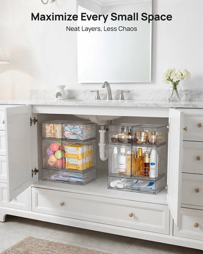 Vtopmart Stackable Storage Drawers Set of 3,Clear Plastic Organizer Bins for Makeup, Cosmetics, Beauty Supplies,Ideal for Vanity, Bathroom,Cabinet,Pantry Organization
