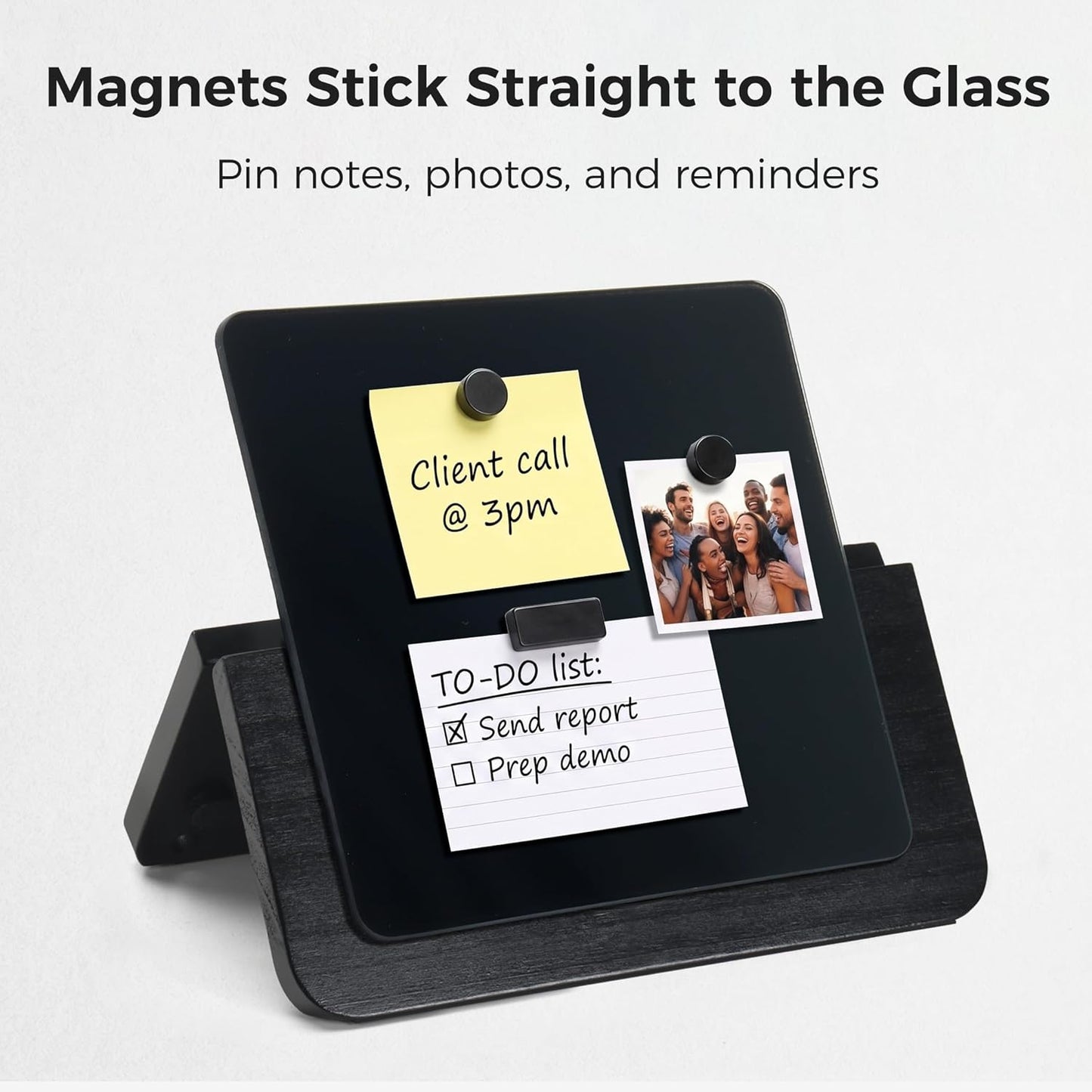 Magnetic Glass Desktop Whiteboard with Solid Wood Stand, Adjustable Foldable Mini Dry Erase Board, 2-in-1 Tabletop & Hanging Glassboard with Rustic Rope, Reusable Home Office School, Black and Square