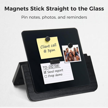 Magnetic Glass Desktop Whiteboard with Solid Wood Stand, Adjustable Foldable Mini Dry Erase Board, 2-in-1 Tabletop & Hanging Glassboard with Rustic Rope, Reusable Home Office School, Black and Square