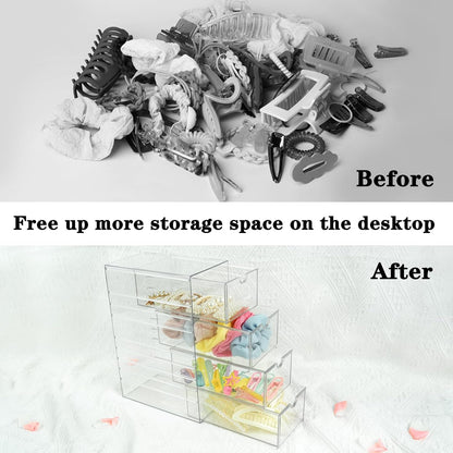 Clear Hair Accessories Organizer Box with 6 Layers, Acrylic Stackable Storage Drawers for Hair Ties, Claw Clips, Bow Holder for Girls, Vanity Makeup Organizer, Bathroom or Desk Countertop Container