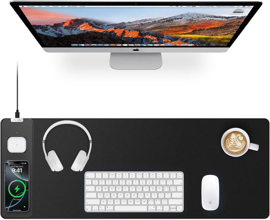 Wireless Charging Mouse Pad with Foldable Phone Holder, 31.5"x15.8" Large Desk Mat for Laptop/Keyboard, Waterproof Ultra-Smooth Surface, Non-Slip Base, Black