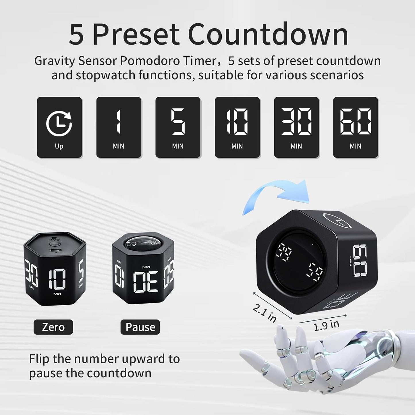 LUCKY TIME Productivity Timer Flip Gravity Sensor Pomodoro Cube Timer Countdown & Countup,1/5/10/30/60min Preset & Custom Timing, Mute/Vibrate/Sound for ADHD,Work,Study,Kitchen(1, White Hexagon)