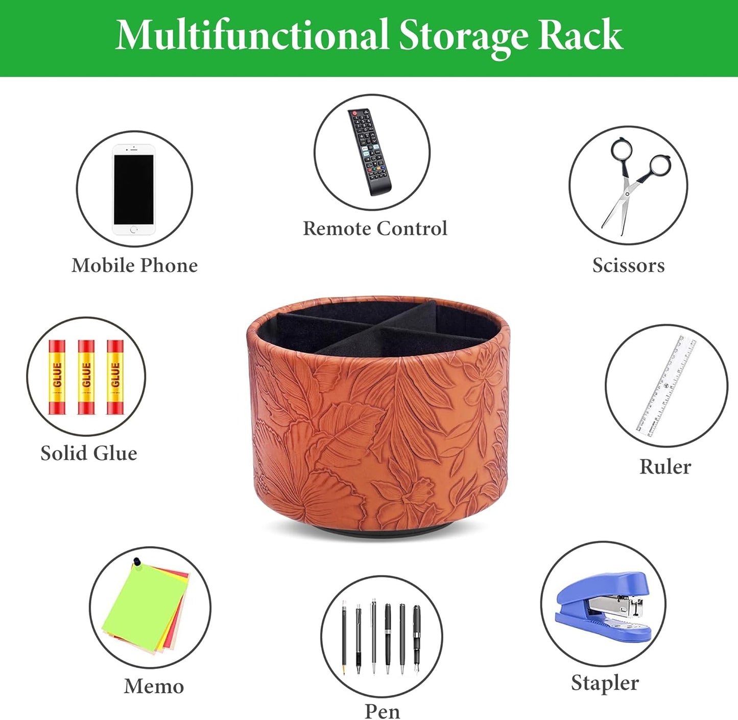 Round Leather Art Supply Organizer,Remote Control Holder,360 Degree Rotating,Multi-Functional Pencil Holder,4 Compartments Desktop Stationary Organizer(1-Fractal Flower) | Round - Colors C