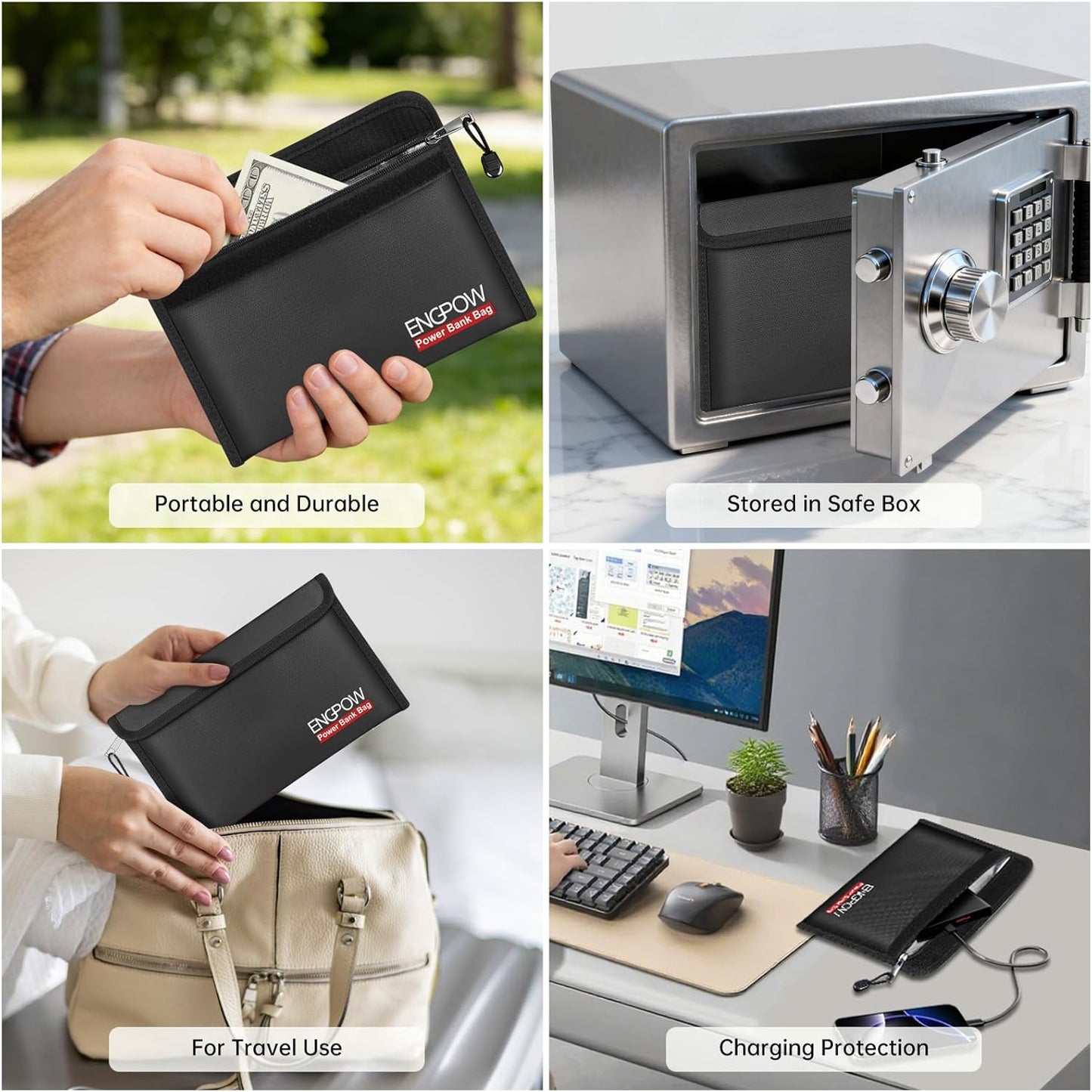 ENGPOW Fireproof Organizer Travel Bag,Heat Insulated＆Explosion-Proof Electronic Carry Case,Portable Home Travel Safe Storage for Power Bank,Phone,Cables,USB Drive＆Charging Protection, 10.6''x6.7''