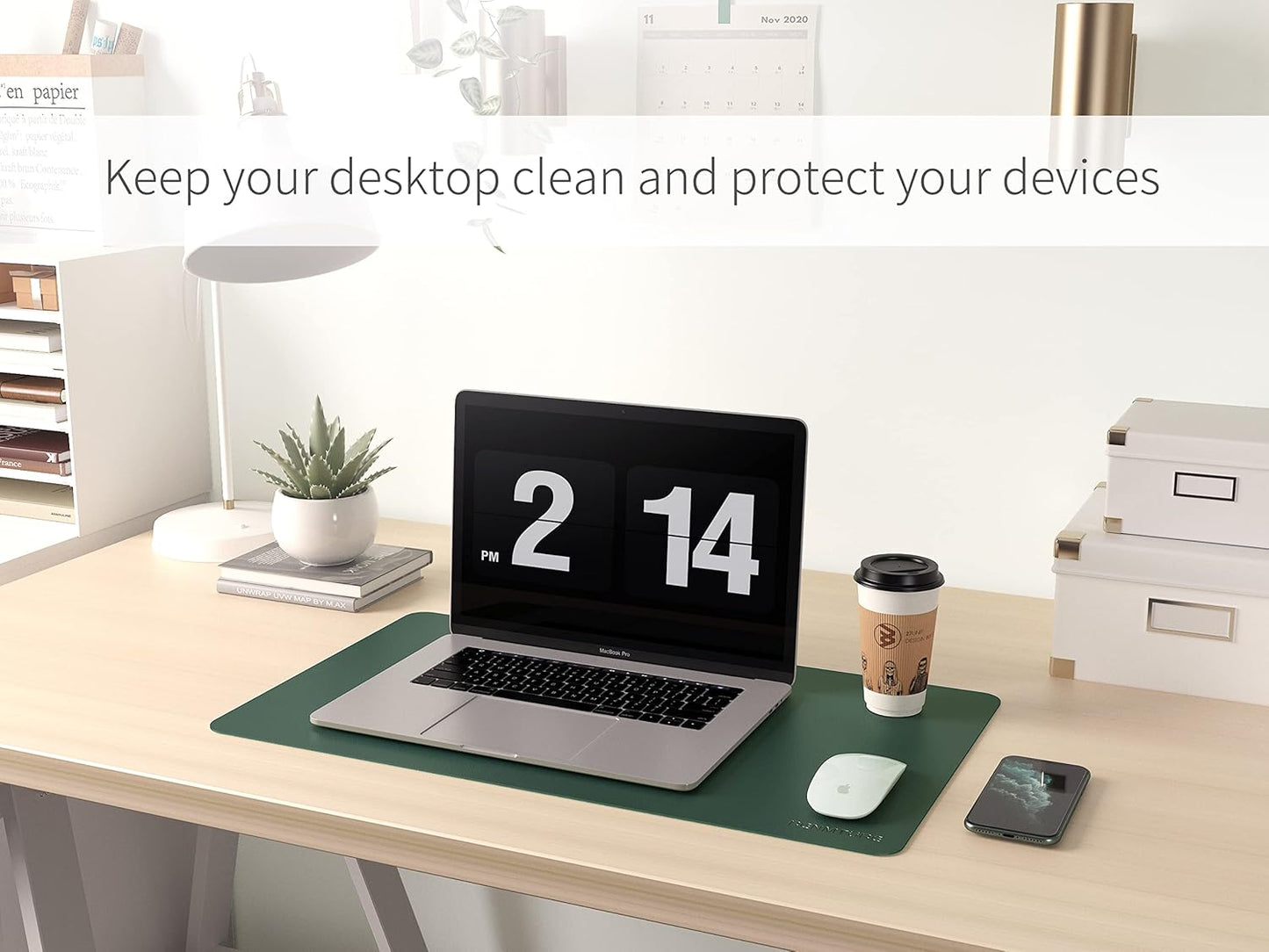 RENMTURE Dual-Sided Mouse Pad, Natural Cork & PU Leather Large Desk Pad for Office and Home Work, Desk Protector Non-Slip, Waterproof, Easy Clean (Olive Green, 32"x16")