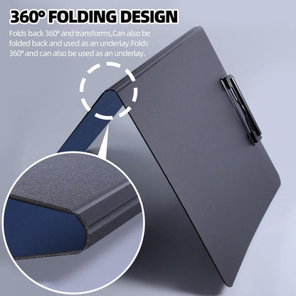 FRETONBA Clipboard Folder, A4 Foldable Clipboard with Horizontal and Vertical Double Metal Clips, 360 Degree Foldable Binder Clipboards with Pen Holder, File Cover Work Folder Clipboards, Blue