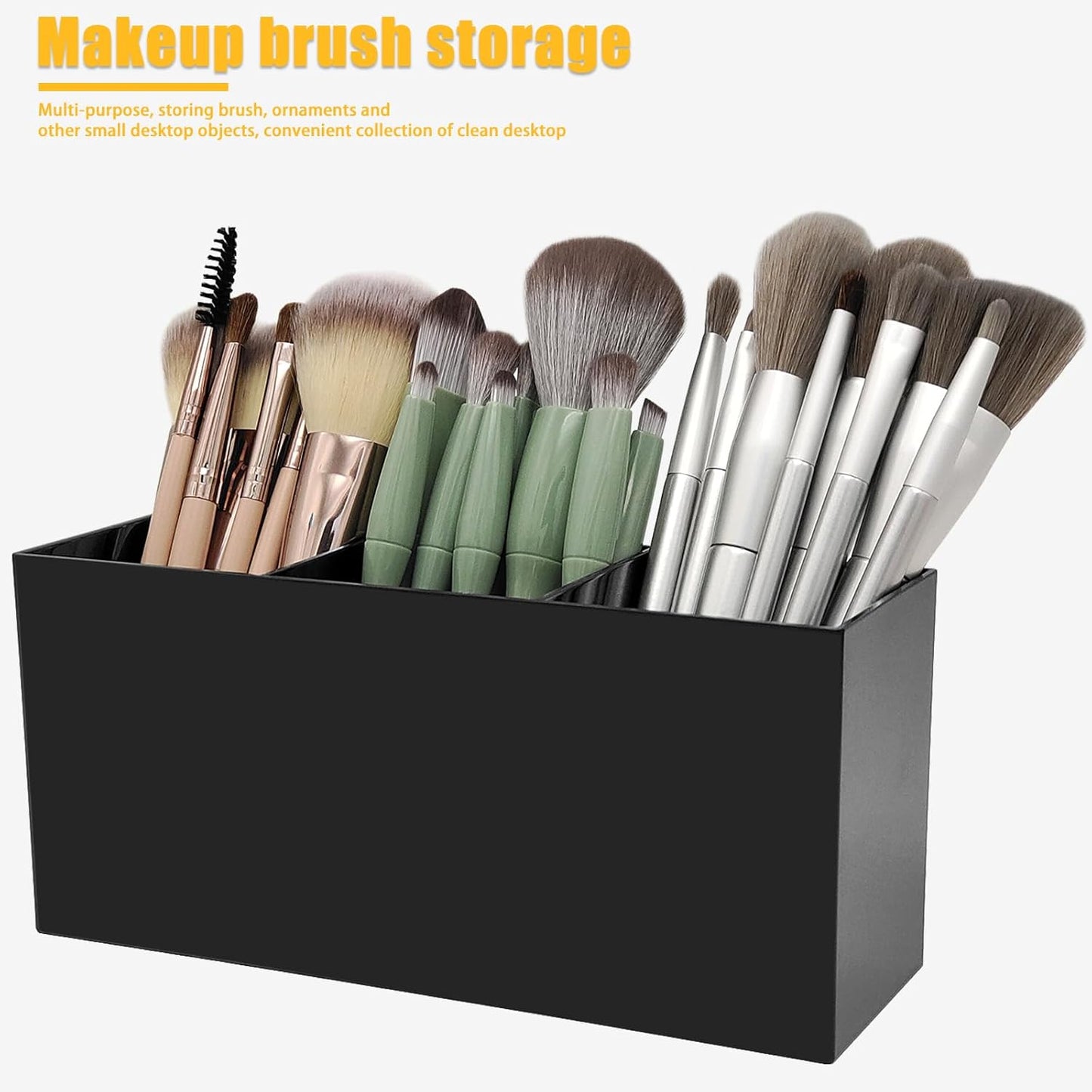 Cerpourt Black Makeup Brush Organizer,Acrylic Cosmetic Brushes Storage Holder with 3 Slots,Pencil Pen Holder for Desk,Desk Organizer and Accessories for Vanity