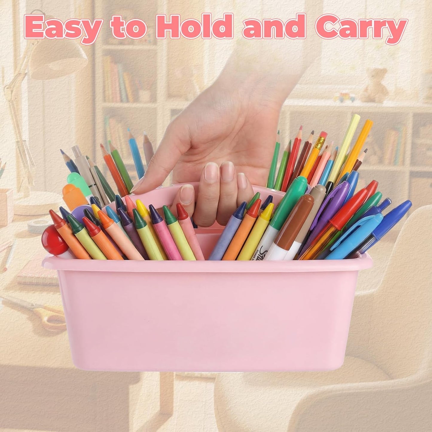 Kathfly 4 Pack Caddy Organizer with Handle, Stackable Organization Storage, Small Plastic Basket Classroom Caddy for Table Desk Office Pencil Kids Room Craft Art Teacher School Supplies (Blue Orange)