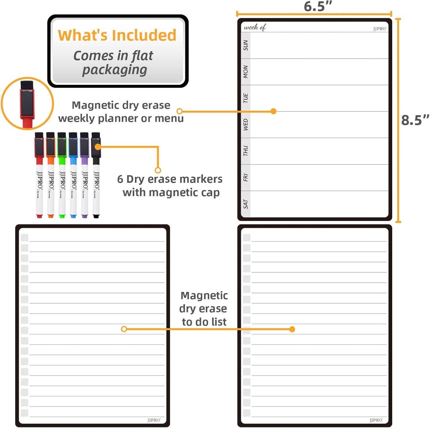 JPRO Magnetic Weekly Calendar and to Do List for Fridge - 8.5" x 6.5" Weekly Meal Planner for Refrigerator and Dry Erase Daily to-Do List -6 Markers Included!