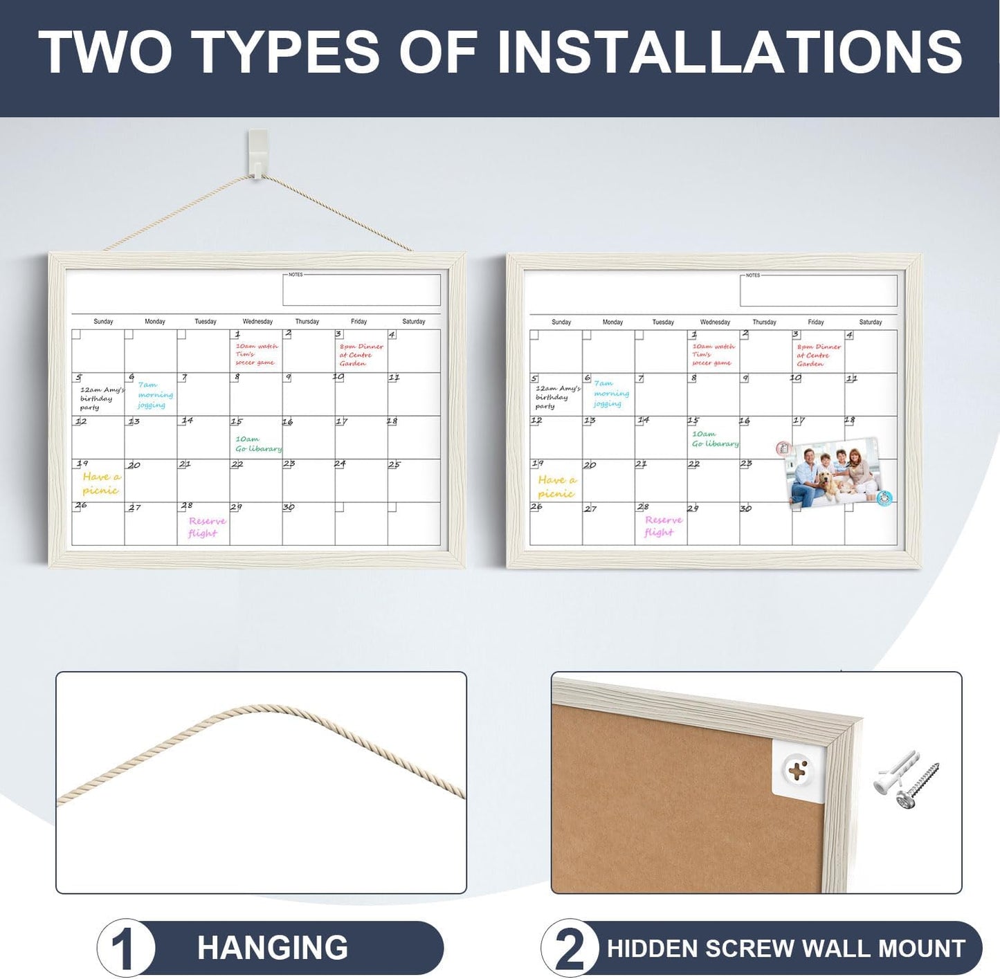 Calendar Whiteboard for Wall, TANKEE 17x13 Inches Whiteboard Calendar Cork Board Combo, Small Magnetic White Board with Wood Framed, Hanging Dry Erase Board for Kitchen Home Office School Planner