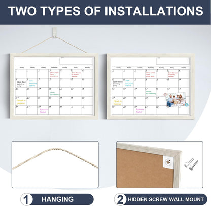 Calendar Whiteboard for Wall, TANKEE 17x13 Inches Whiteboard Calendar Cork Board Combo, Small Magnetic White Board with Wood Framed, Hanging Dry Erase Board for Kitchen Home Office School Planner
