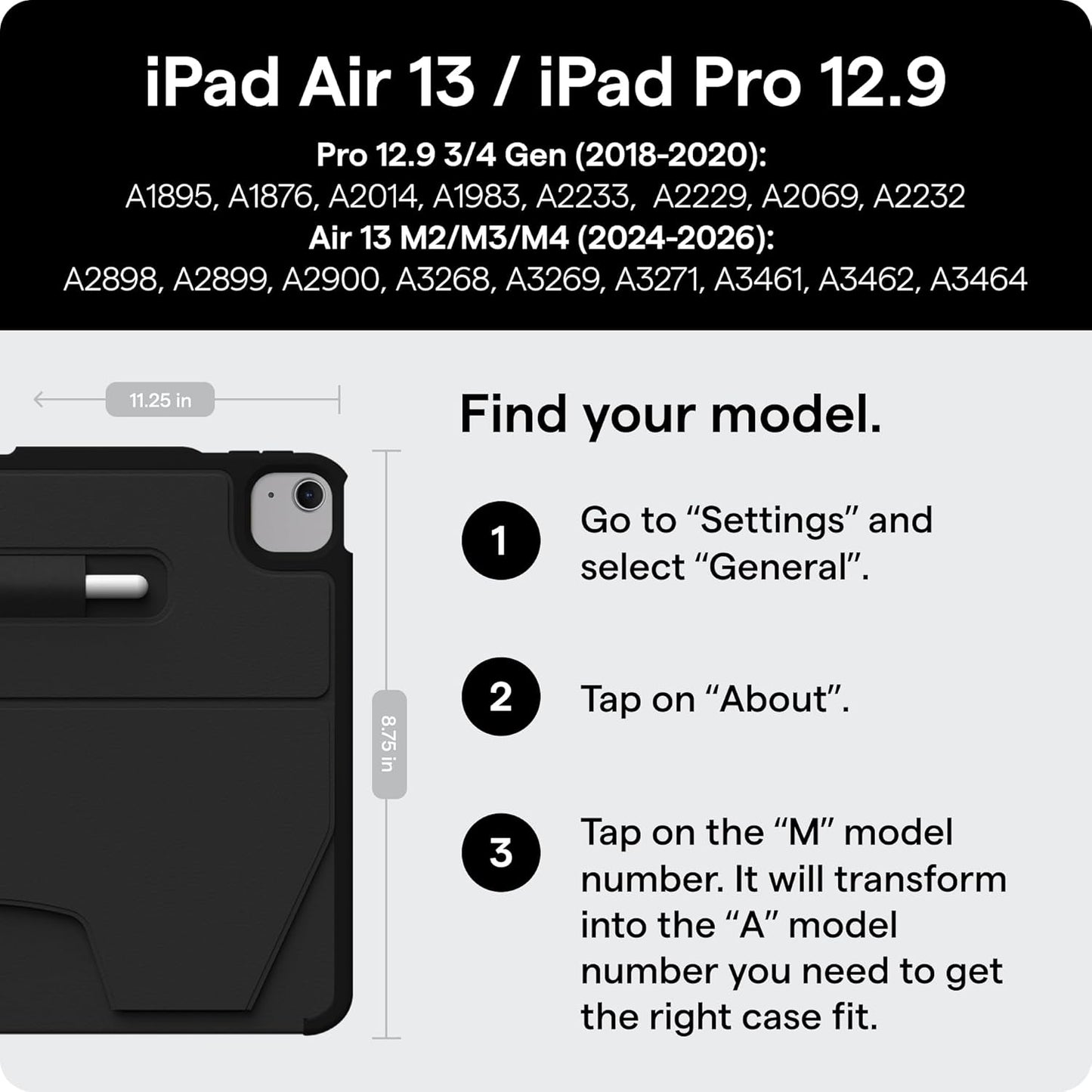 Zugu Case for iPad Air 13 Inch M4 2026, M3 2025 & M2 &/12.9 inch (3rd/4th Gen), Slim Protective Cover with Apple Pencil Charging & Storage, Auto Wake/Sleep, Multiple Viewing Angles (Black)