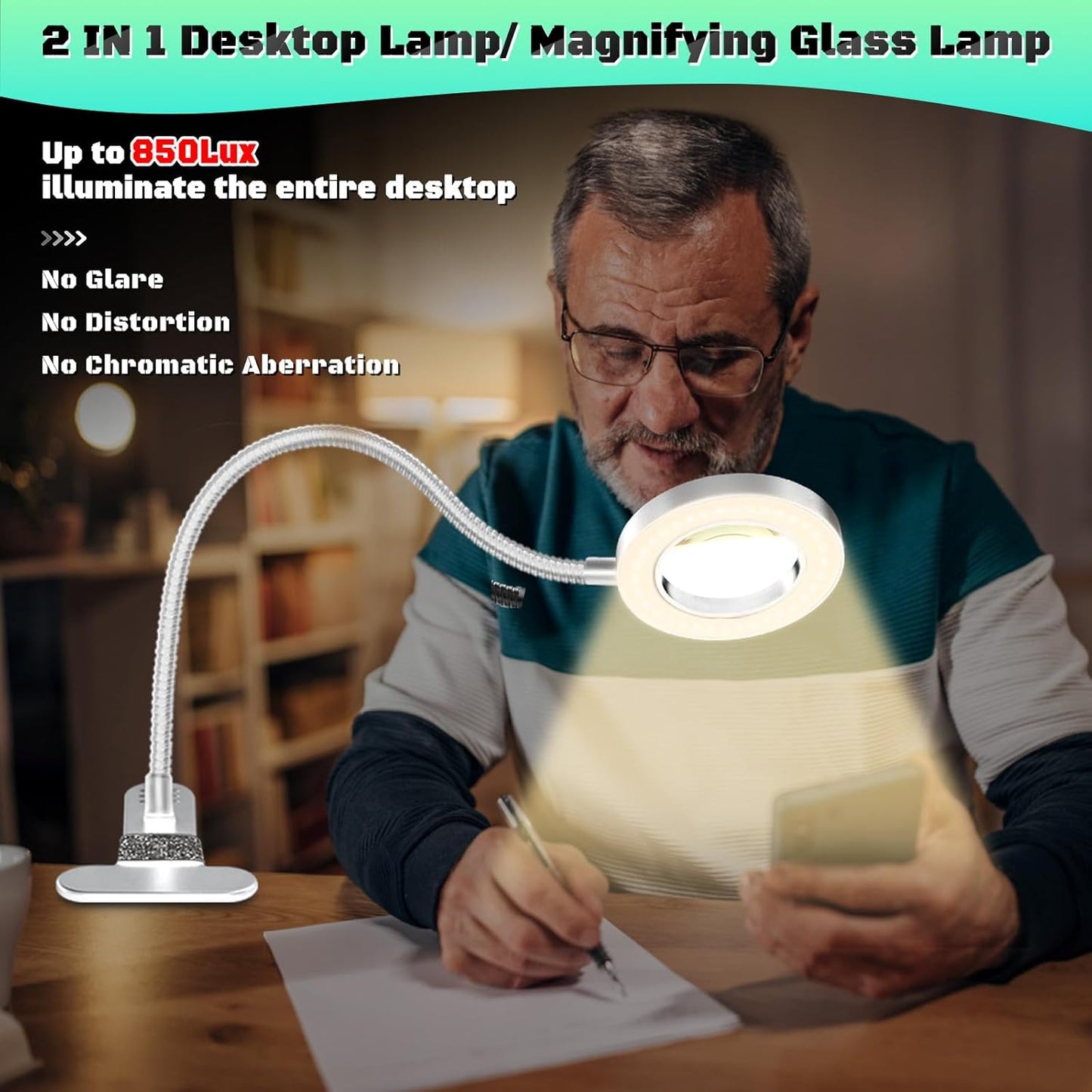 10X Magnifying Glass with Light, Clip on Mganifier with Light, 48 LED Desk Magnifying Glass wtih Clamp, 3 Modes Dimmable Magnifying LED Lamps for Bed Work Crafts DIY Repair