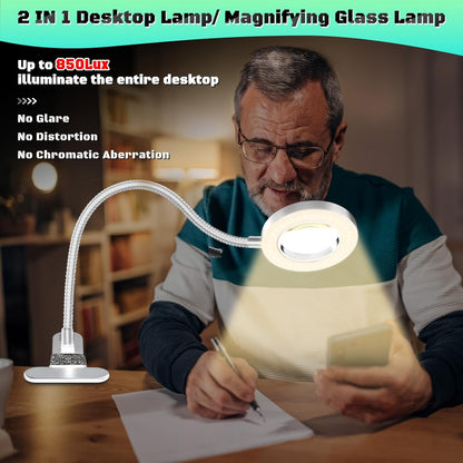 10X Magnifying Glass with Light, Clip on Mganifier with Light, 48 LED Desk Magnifying Glass wtih Clamp, 3 Modes Dimmable Magnifying LED Lamps for Bed Work Crafts DIY Repair