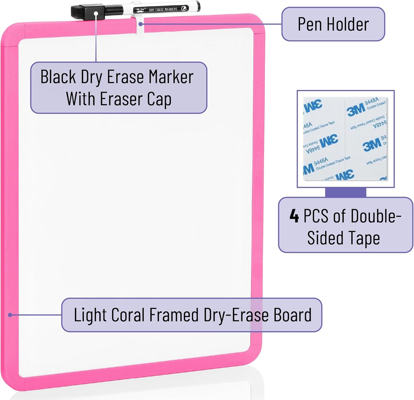 Mr. Pen- Dry Erase Board, 14” x 11” with a Black Dry Erase Marker, White Frame, Small Mini White Board for Students, Fridge, Wall, Locker, Includes Double Sided Tapes