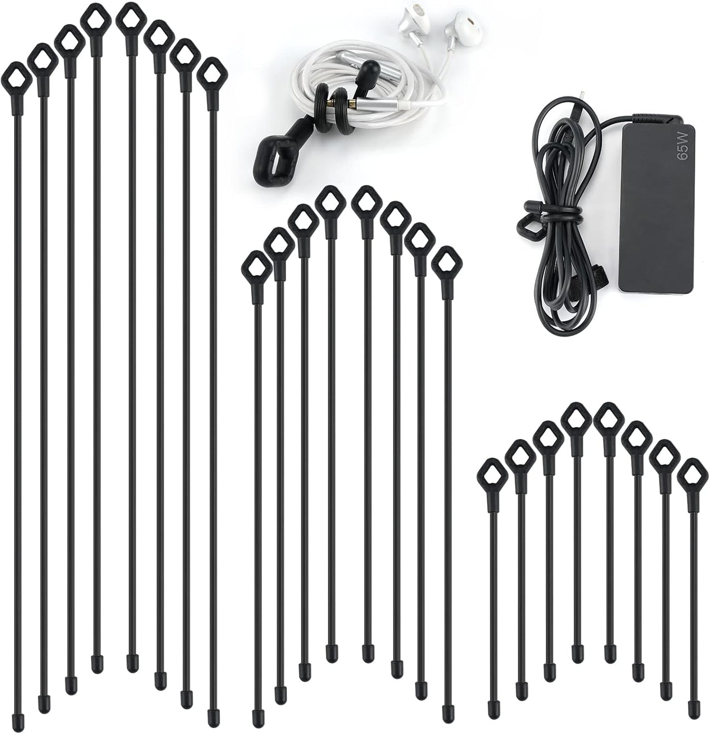 Silicone Cable Ties with Holes, 24PK Reusable Twist Ties for Bundling - 6in, 12in, 18in - Indoor/Outdoor Use (Black)