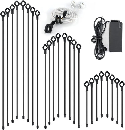 Silicone Cable Ties with Holes, 24PK Reusable Twist Ties for Bundling - 6in, 12in, 18in - Indoor/Outdoor Use (Black)