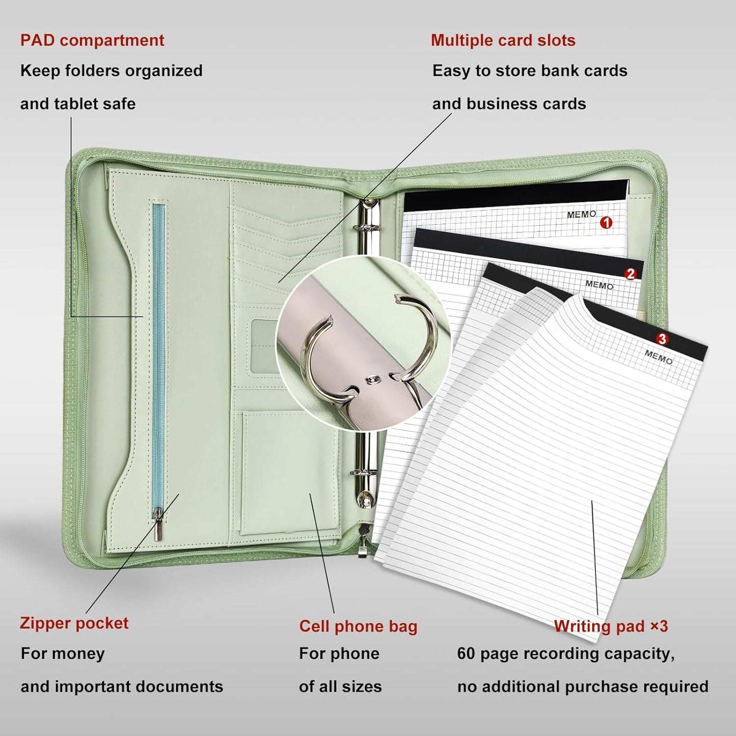 Leathario Portfolio Binder, Includes 10 Sheet Protectors and 3 Notepads, 3-Ring Folder Organizer, A4 Padfolio with Zipper, Vegan Leather Tablet Sleeve, Business Office Conference Clipboards