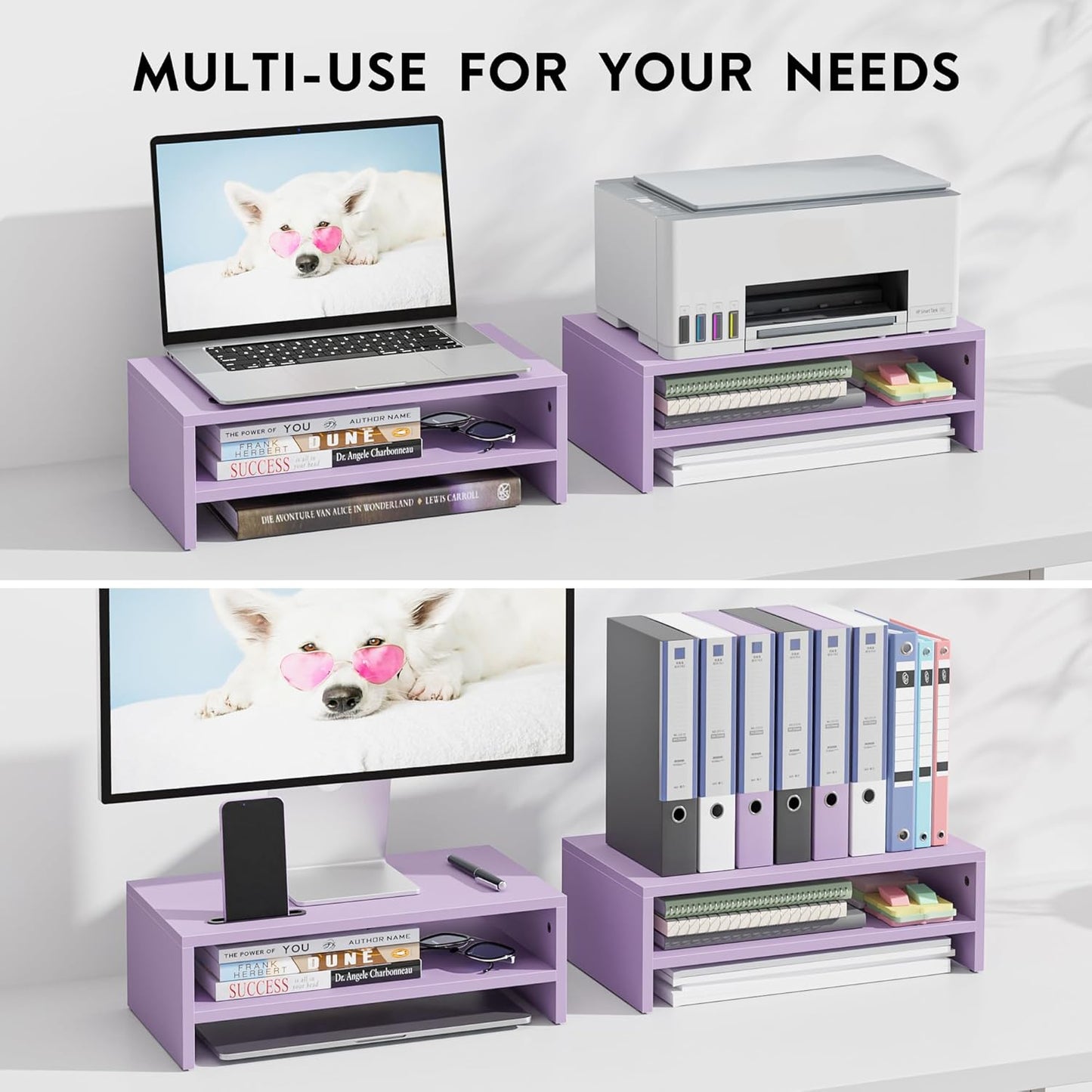 BONTEC Wooden Monitor Stand Riser for Desk, 2-Tier Computer Monitor Stand with Storage, 66 lbs Desk Shelf Organizer, Laptop & Printer Stand with Phone Holder and Cable Management, White, 16.5 Inch