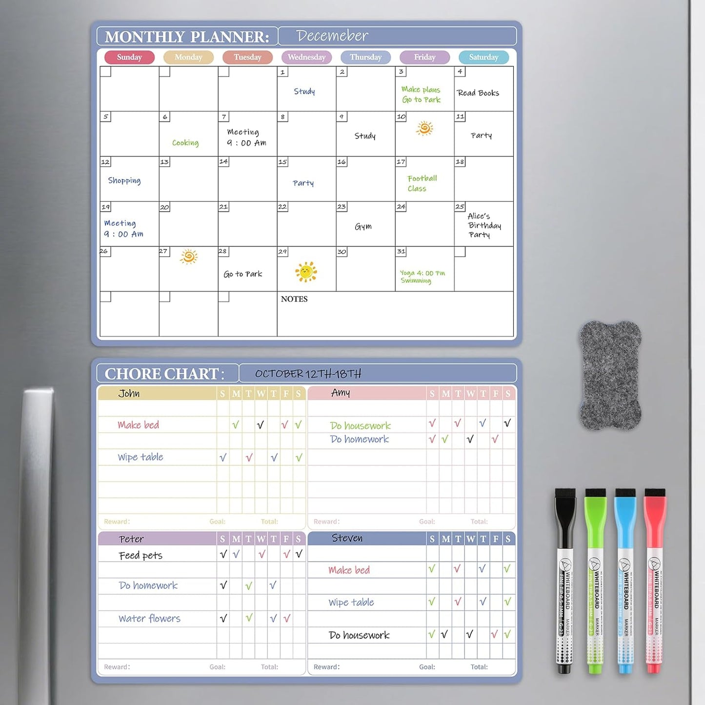 MaxGear Weekly Dry Erase Board for Fridge, 16"x12" Magnetic Calendar Whiteboard Planner for Refrigerator with Stain Resistant Technology, Include 7 Fine Point Markers and 1 Eraser